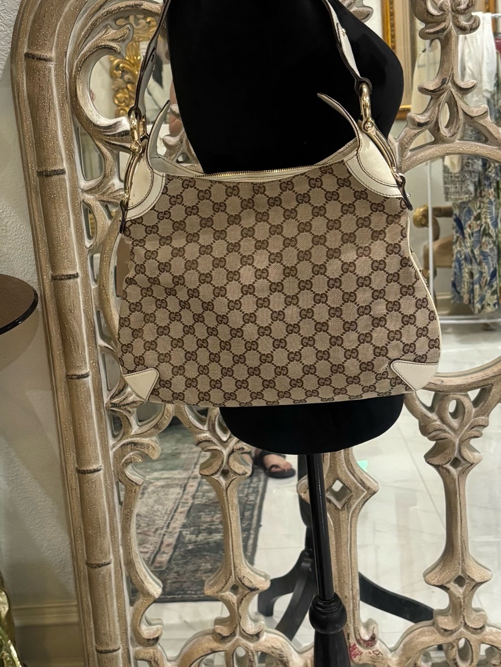 Gucci Beige GG Canvas Shoulder Bag with Cream Leather Accents